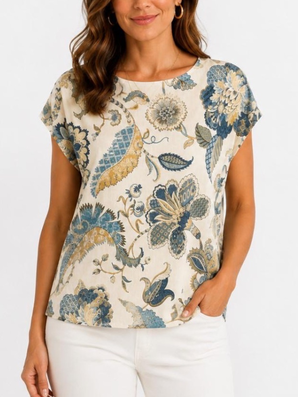 Sioni Cream Tunic Top with Blue and Gold Paisley Floral Print